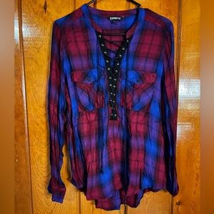 Express Plaid Lace-Up Blouse